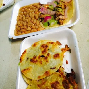 2 vampires of asada, a chicken taco, and beans on the side! #nomsohard
