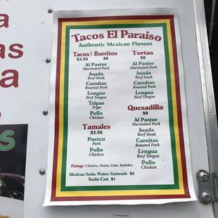 a menu on a food truck