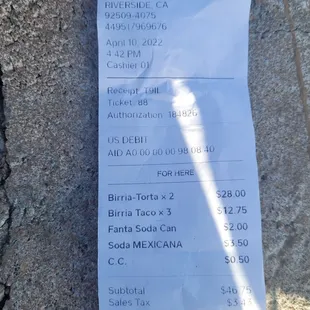 Receipt of overpriced food