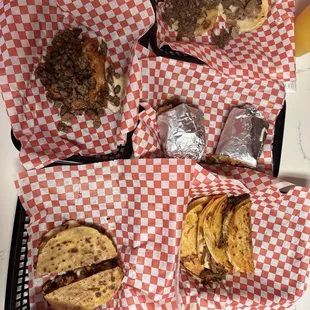 Birria tacos, Al pastor mulita, Al pastor burrito, carne asada vampiro, Lengua and cabeza taco