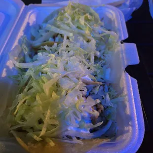 Chicken tacos.  Not enough food for $13 plus tax, credit card surge charge and  tip.