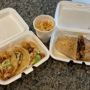 Fish tacos, Steak burrito and Elote