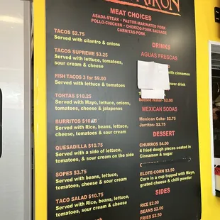 a menu on the wall