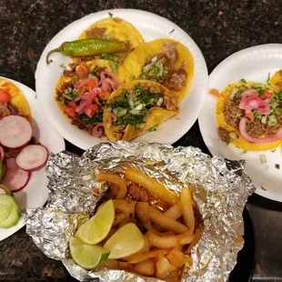 Dressed Tacos and Fingerling potatoes with Sweet Sautéed Onions