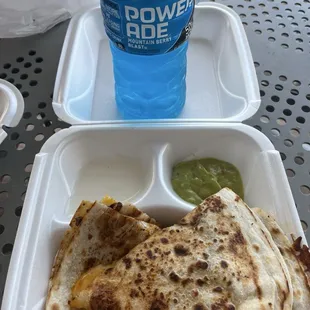 Carnitas Quesadilla with sour cream, guacamole and our Wawa PowerAde!