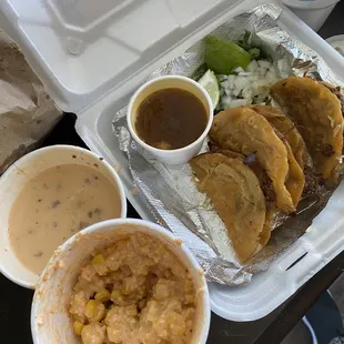 Tacos de Birria, esquites, chori queso