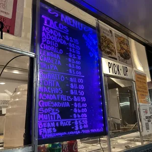 Menu- tacos are $2.75 each and TOTALLY WORTH IT. so much carne and homemade corn tortillas