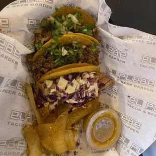 Carne asada tacos and one pork taco.  Both had great flavor!  The salsa was the chef's kiss