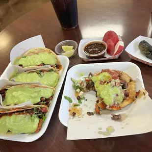 4 tacos adobada &amp; 1 tostada &quot;vampiro mixto&quot;.