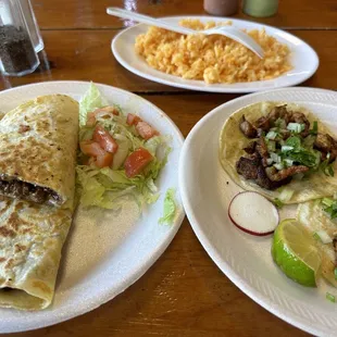 Pastor &amp; Pollo tacos, Quesadilla asada. Side of rice. Fantastic!