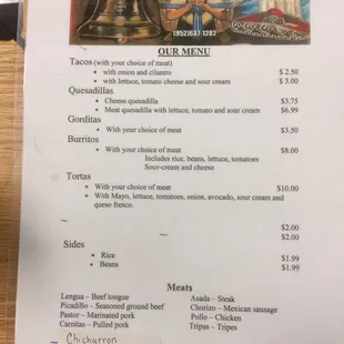 Menu! Tripas, Cabeza, Menudo only available on the weekends