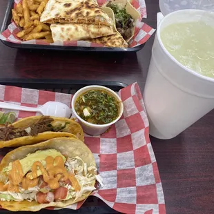 Birria taco, shrimp taco &amp; HUGE fresh squeezed pineapple juice!