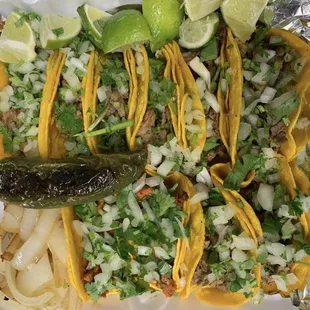 Tacos de bistec (stake). Tacos de pastor ( pork) . Tacos de barbacoa.         Tacos de tripa .                   Tacos de suadero