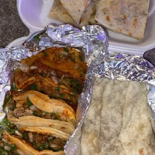 ASADA QUESADILLA  BEAN &amp; CHEESE BURRITO  5 TACOS (asada, al pastor, carnitas)