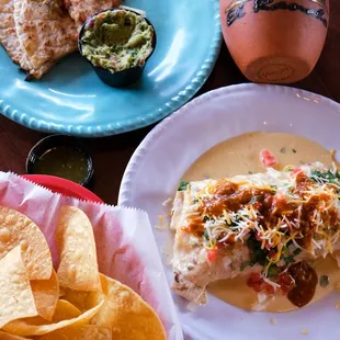 Golden burrito, quesadilla with a side of Guac &amp; a side of chips