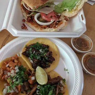 Take out torta (pastor) and tacos (chicken, barbacoa and carnitas).