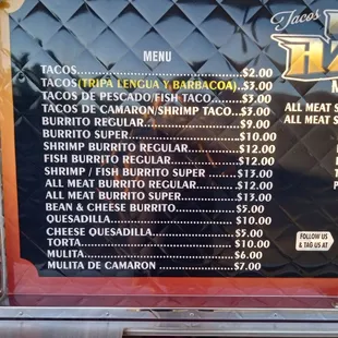 Menu and prices