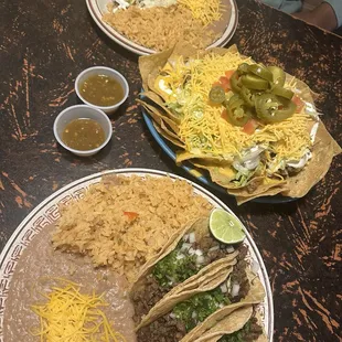asada (steak) taco dinner, Nachos El Rey, and a chicken flauta dinner. Their sauces are delicious as well!