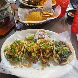 Shredded Chicken, 2 Pastor, Carne Asada Tacos