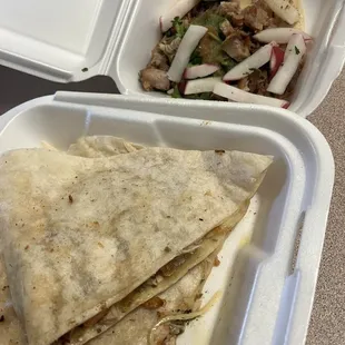 Chicken quesadilla and carnitas taco