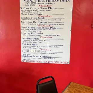 a menu for tacos's daily specials