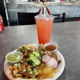 a drink and a plate of food