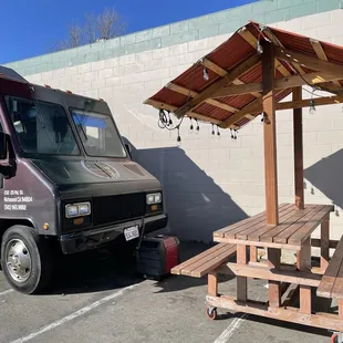 Outdoor dining area at Tacos El Rulas in Berkeley.
