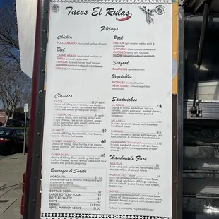 Menu at Tacos El Rulas in Berkeley.