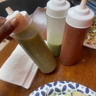 Green salsa, avacado sauce, salsa
