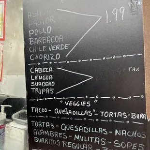 a menu on a blackboard