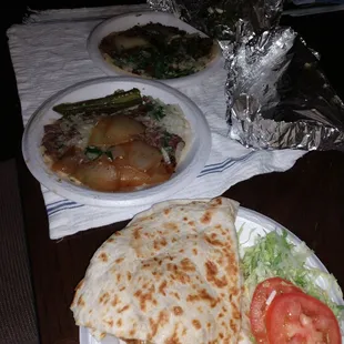 Asada tacos, tacos de cabeza and chicken quesadilla