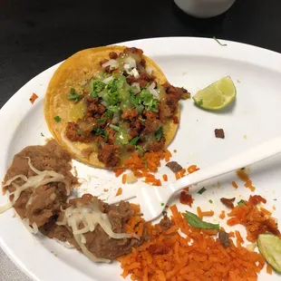 Chorizo taco with rice and beans
