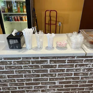 a brick wall and a counter