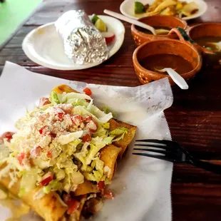 Flautas, tacos, Carne asada burrito, and homemade salsas!