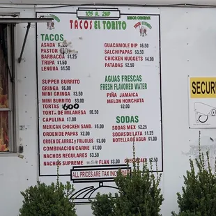 a menu on a food truck