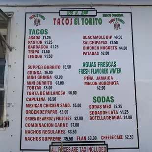 a menu on a food truck