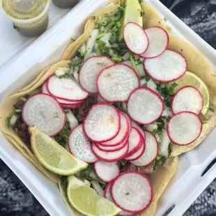 My beautiful box of carne asada tacos to go