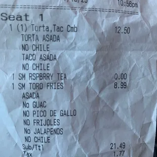 a receipt for a taco