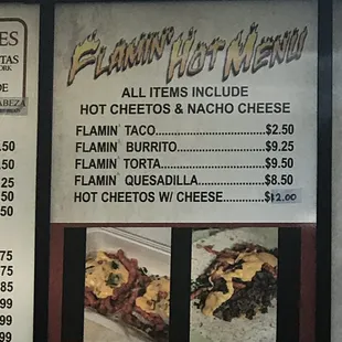 Tacos El Toro Bakersfield- this is the crazy "Flaming" menu featuring Flaming hot Cheetos and Nacho cheese sauce!!