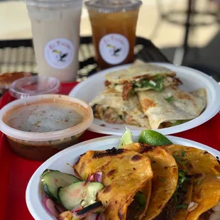 Birria (beef) tacos, Asada Mulitas, & Chicken quesadilla