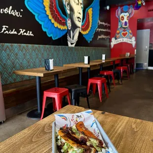 Red tacos with Adobada (marinated pork) and Chorizo (pork sausage).