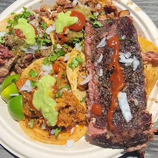 From the top clockwise: pastor, rib, chile colorado, brisket