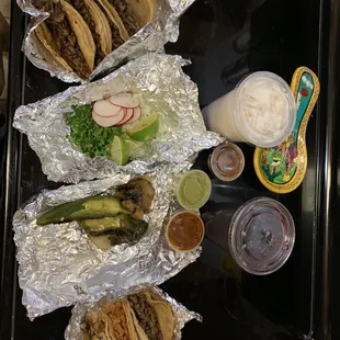 Tacos and fixings, and horchata and Jamaica drinks