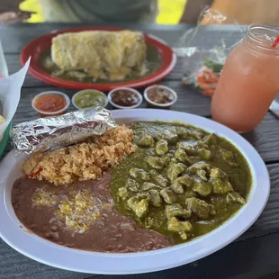 Wet Carne Asada Burrito, Chile Verde Plate, Guava Agua Fresca