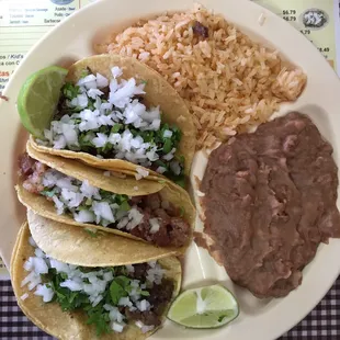 #1: three tacos, rice and beans for $5.99