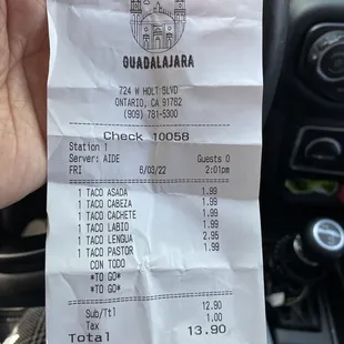 The &quot;One of each taco&quot; receipt.