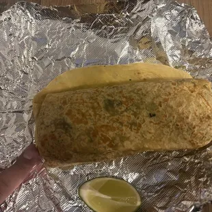 Small burrito showing they don&apos;t know how to make burritos.