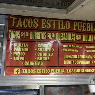 a menu on a food truck