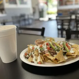 Carnitas Nachos &amp; Lg Horchata