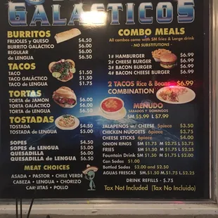 Full menu of the restaurant during regular hours Not the late night Taco stand menu which is limited to Tacos, burritos &amp; tortas